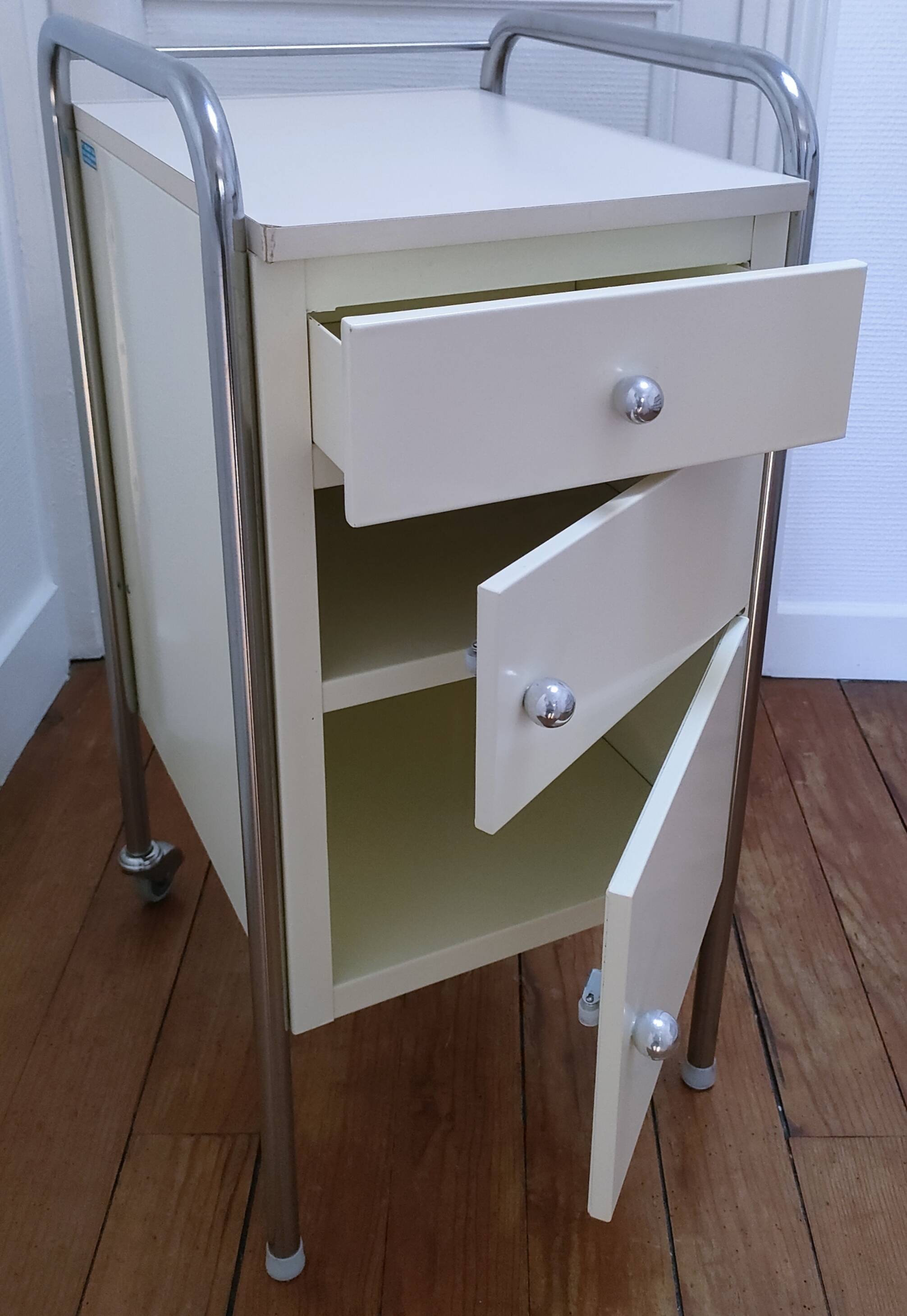 bedside table stainless steel lacquered metal 80s design