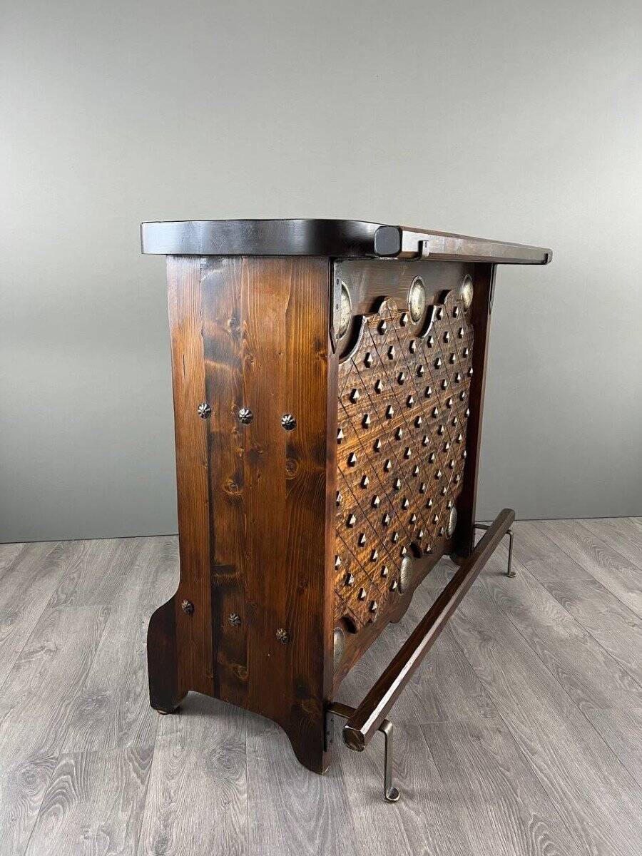 Rustic Carved Wooden Bar with Stools and Wine Chest, 20th Century