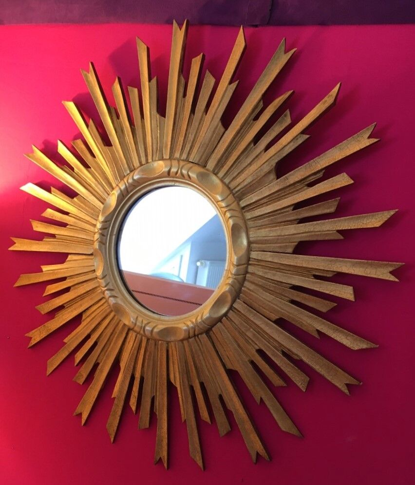 Mirror sun old gilded wood, 67 cm, middle XXth