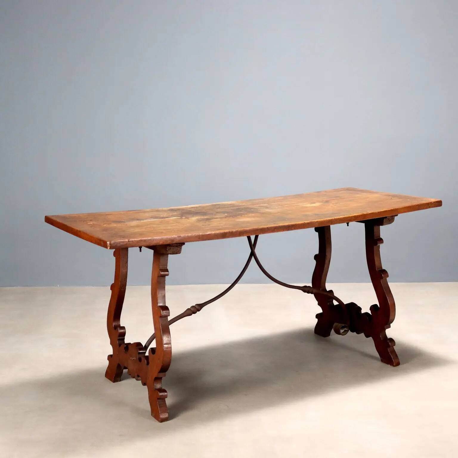 Old refectory table in walnut and wrought iron, Italy, 20th century