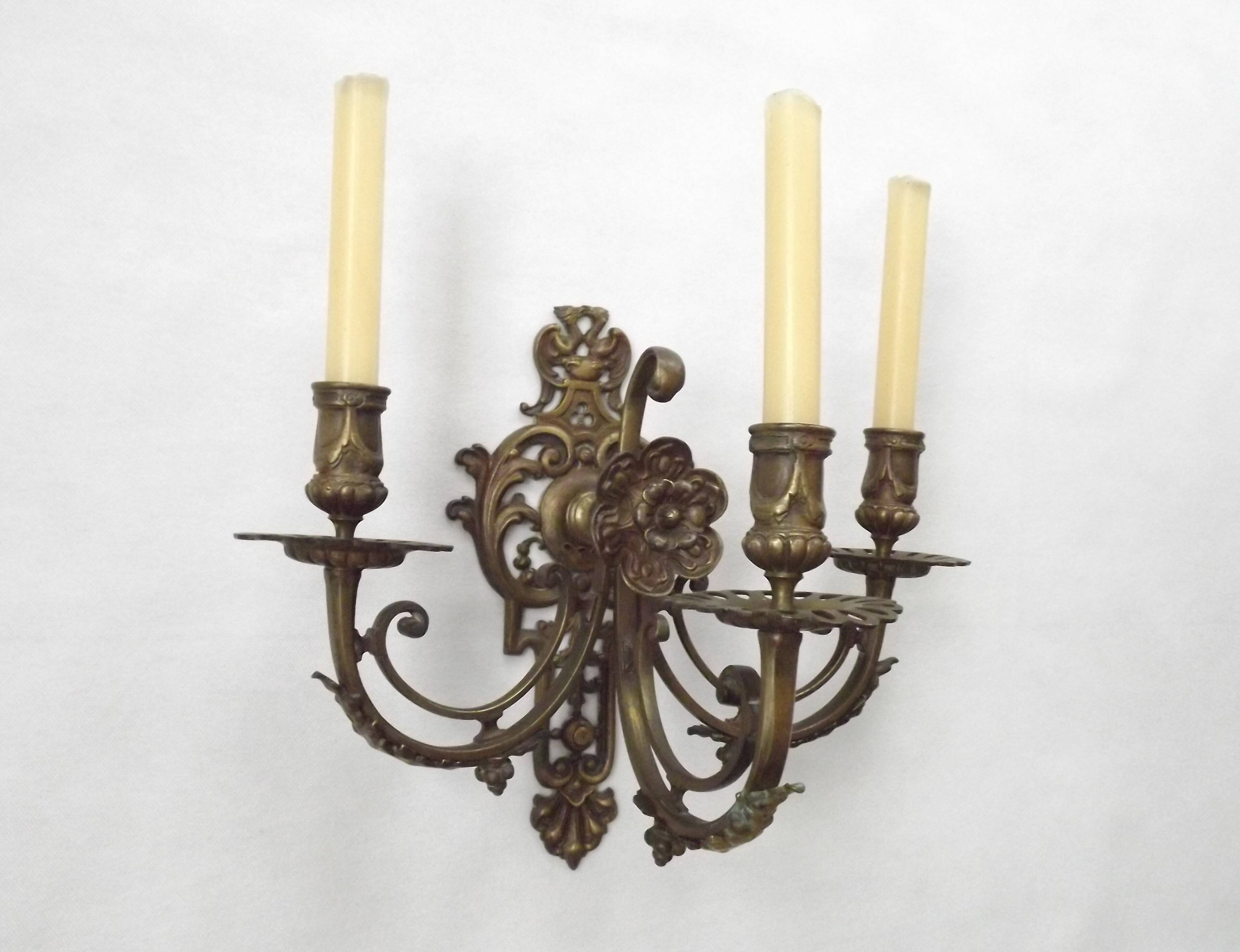 Pair of Heavy Victorian Bronze Triple Wall Sconces Griffin & Flower Detail