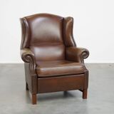 Large Dark Brown Cowhide Leather Wingback Chair