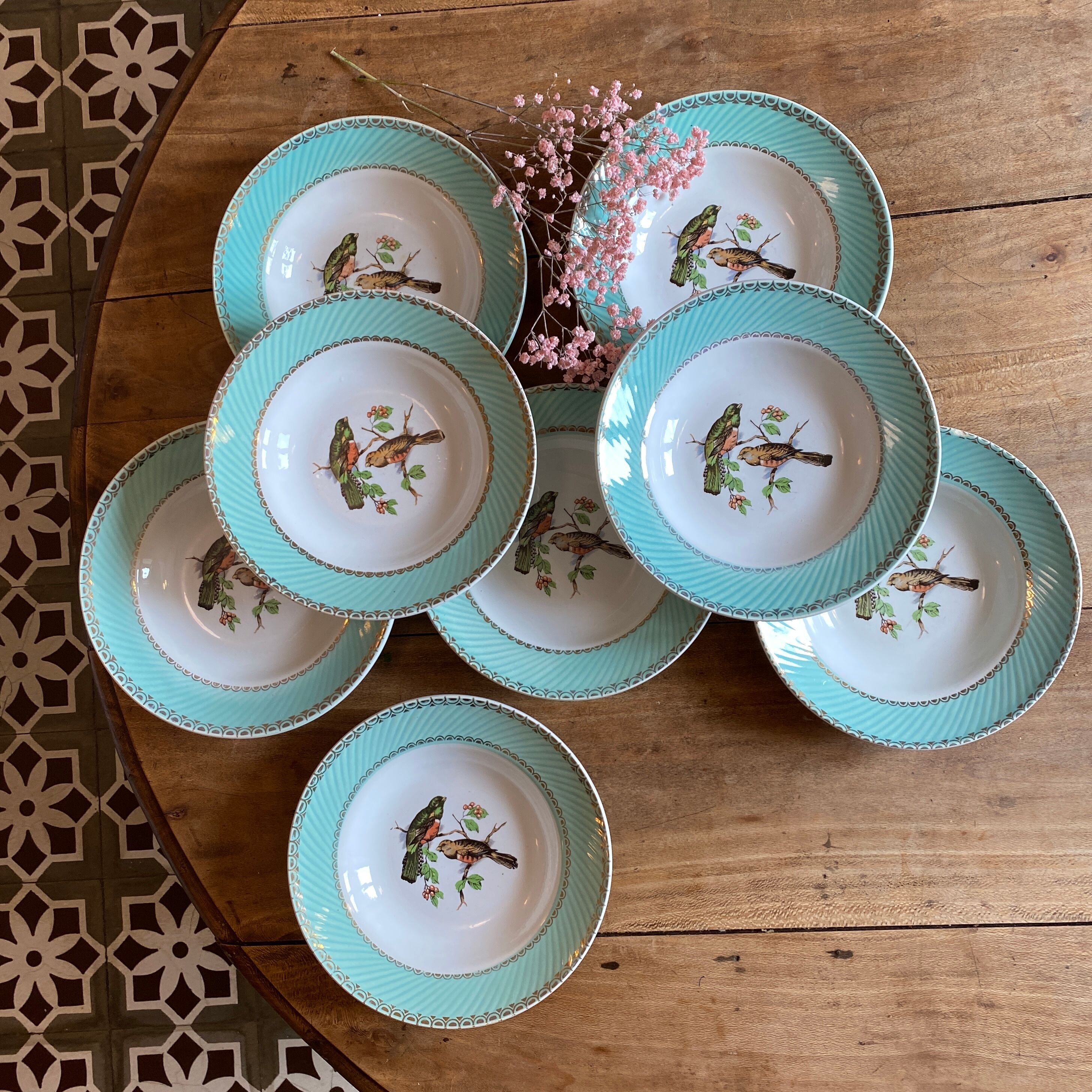 Set of 8 hollow plates vinatge with bird decorations