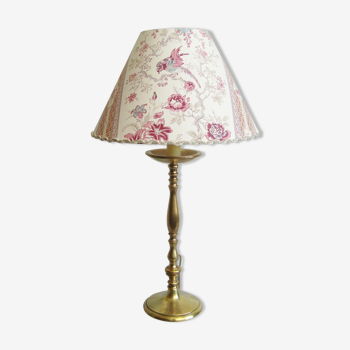 Old brass lamp with its 1900s fabric lampshade handmade in France