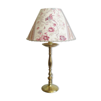 Lampe ancienne en laiton avec son abat-jour en tissu années 1900 fait main en France