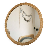 Grand miroir rond en rotin vintage