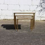 3 tables gigognes en laiton et marbre onyx, style vintage français - Tables de salon