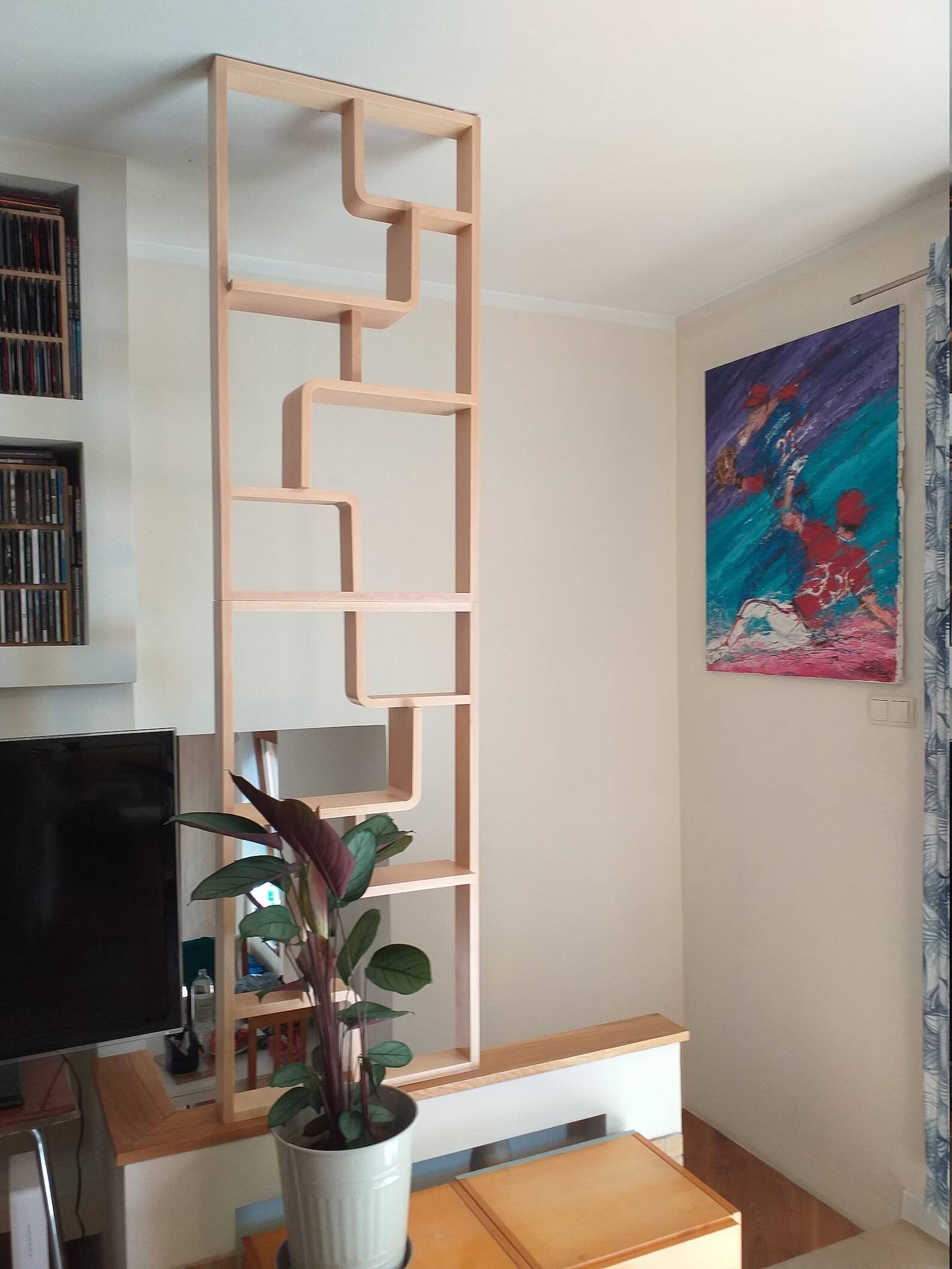 Two screens, partition walls, curved beech wood shelves.