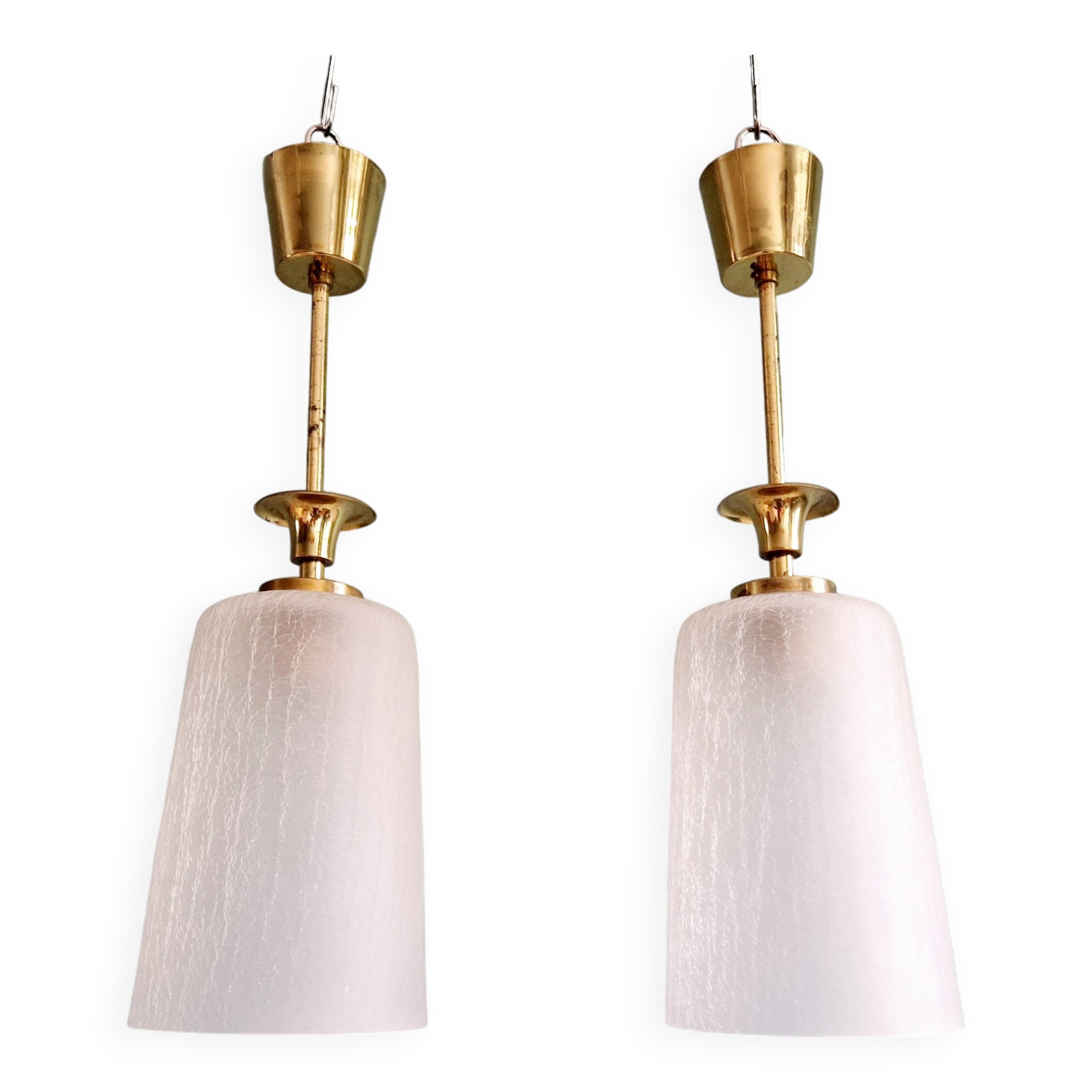 Pair of Mid Century Pendant Lights in Brass and Clear Crackle Glass, 1950s