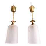 Pair of Mid Century Pendant Lights in Brass and Clear Crackle Glass, 1950s
