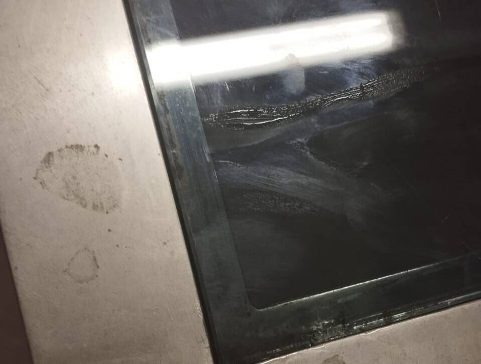 Table in satin aluminum and black glass, 70s design