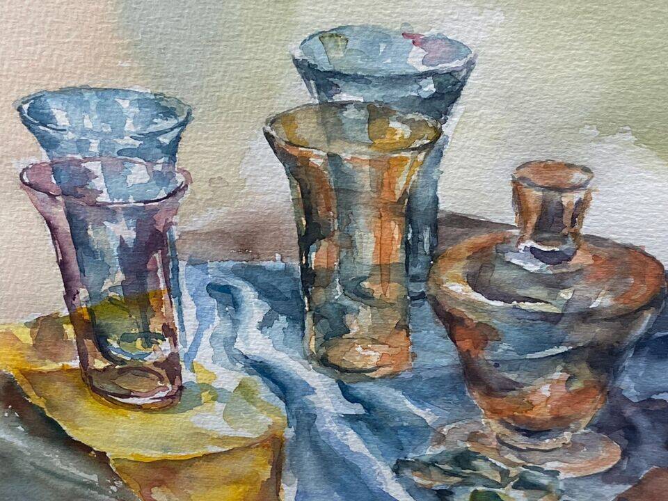 Watercolor painting Still Life with Glasses signed Guy Barbier