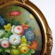 Large oil on canvas bouquet medallion wooden frame gilded stucco vintage
