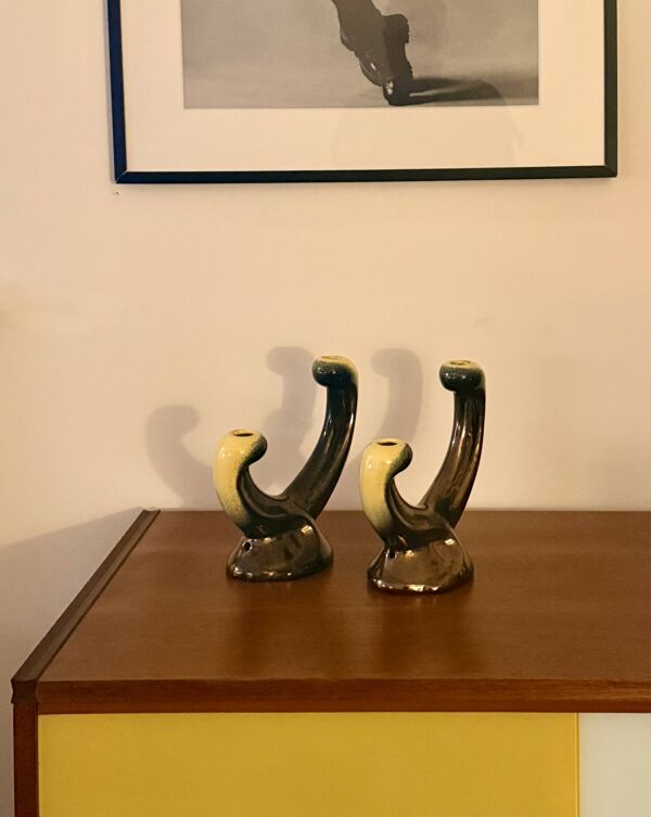 Paire de bougeoirs Vallauris Ceramidi design 1950 ceramique noir et jaune