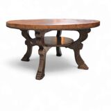 Mid-Century Coffee Table in Solid Wood and Patinated Cognac Leather
