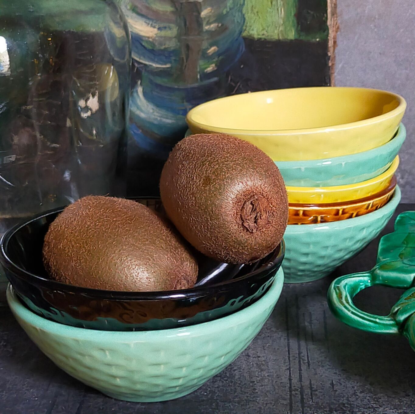 Seven vintage slip ceramic bowls