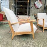 Paire de fauteuils vintage en bouclette beige, 1950