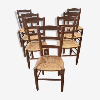 Lot sept chaises bois paillées