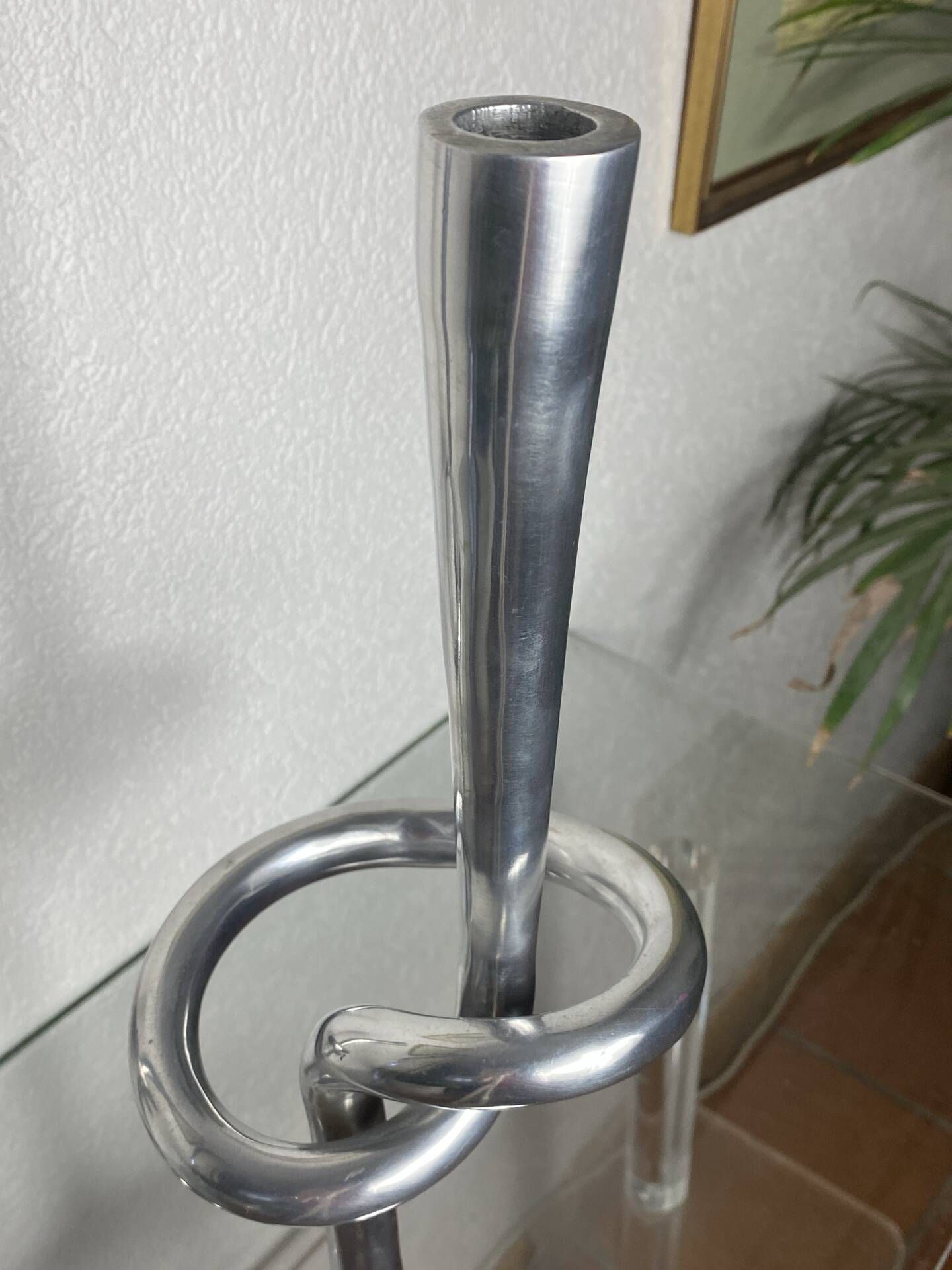 Pair of large aluminium bow candlesticks, Italy, 1970.
