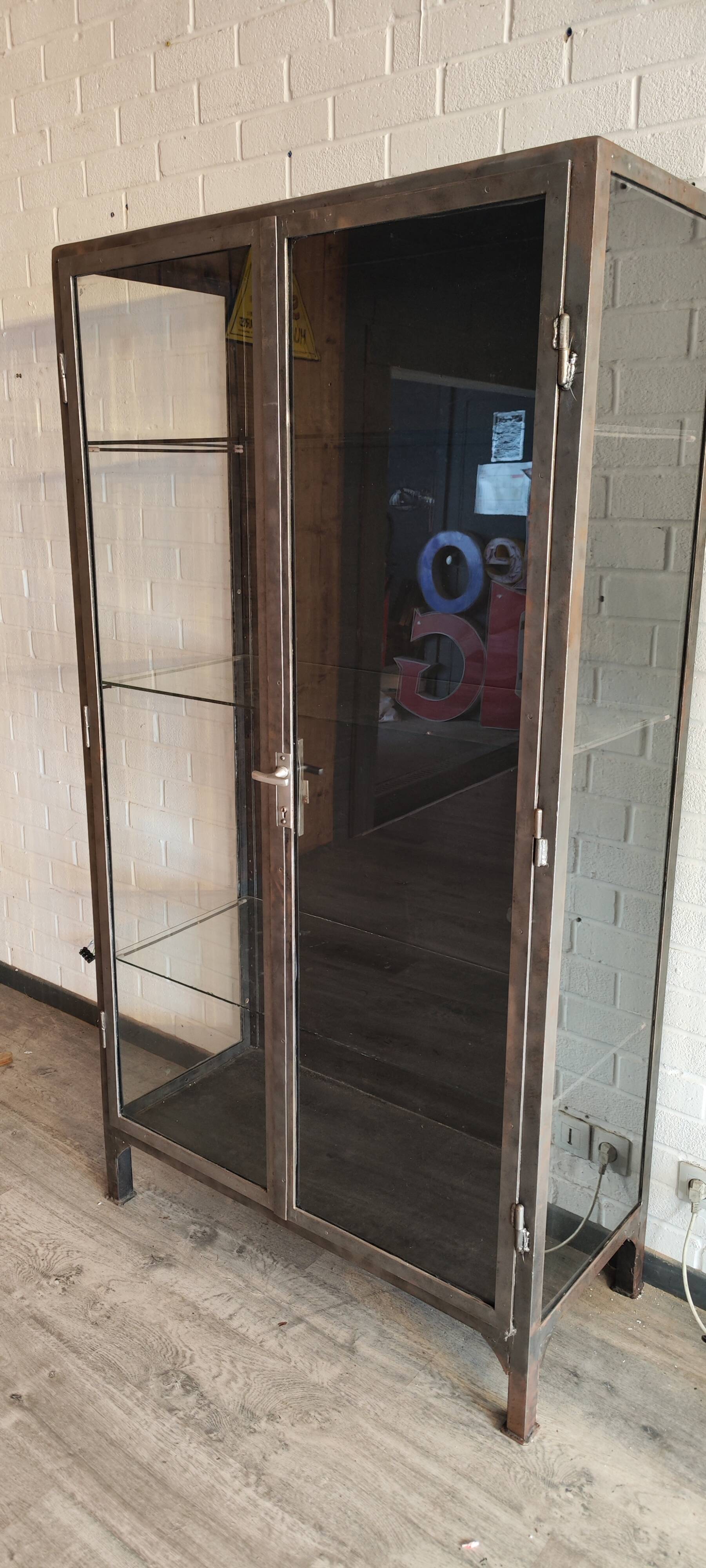 Vintage two-door metal medical display case