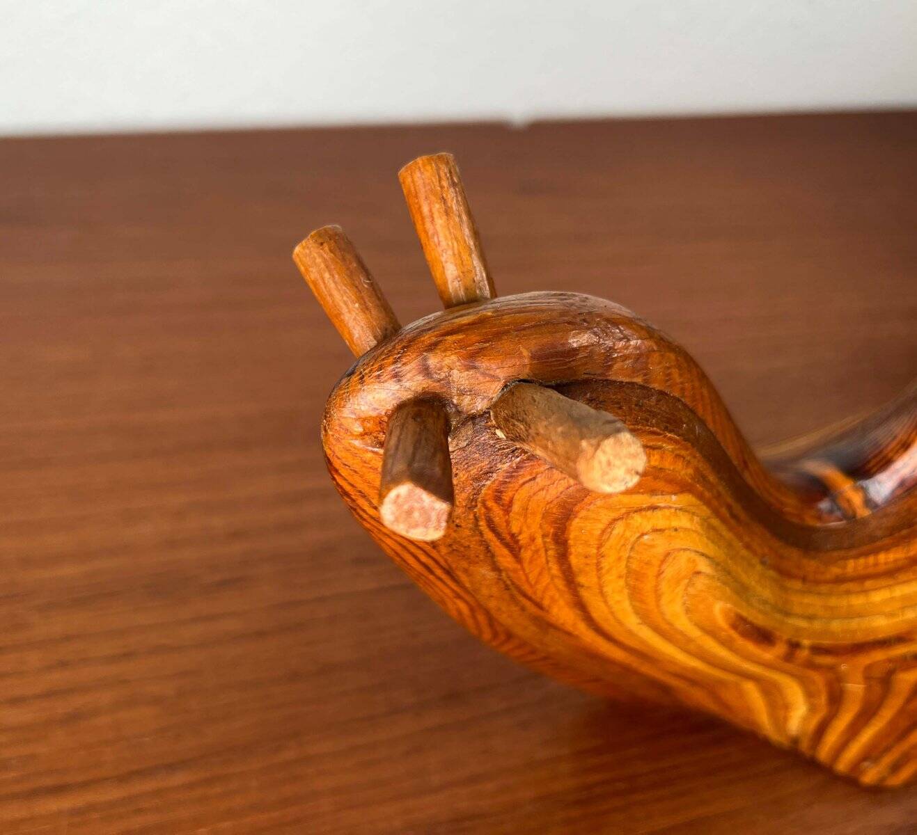 Large Danish carved wooden snail sculpture from the mid-century, 1960s.