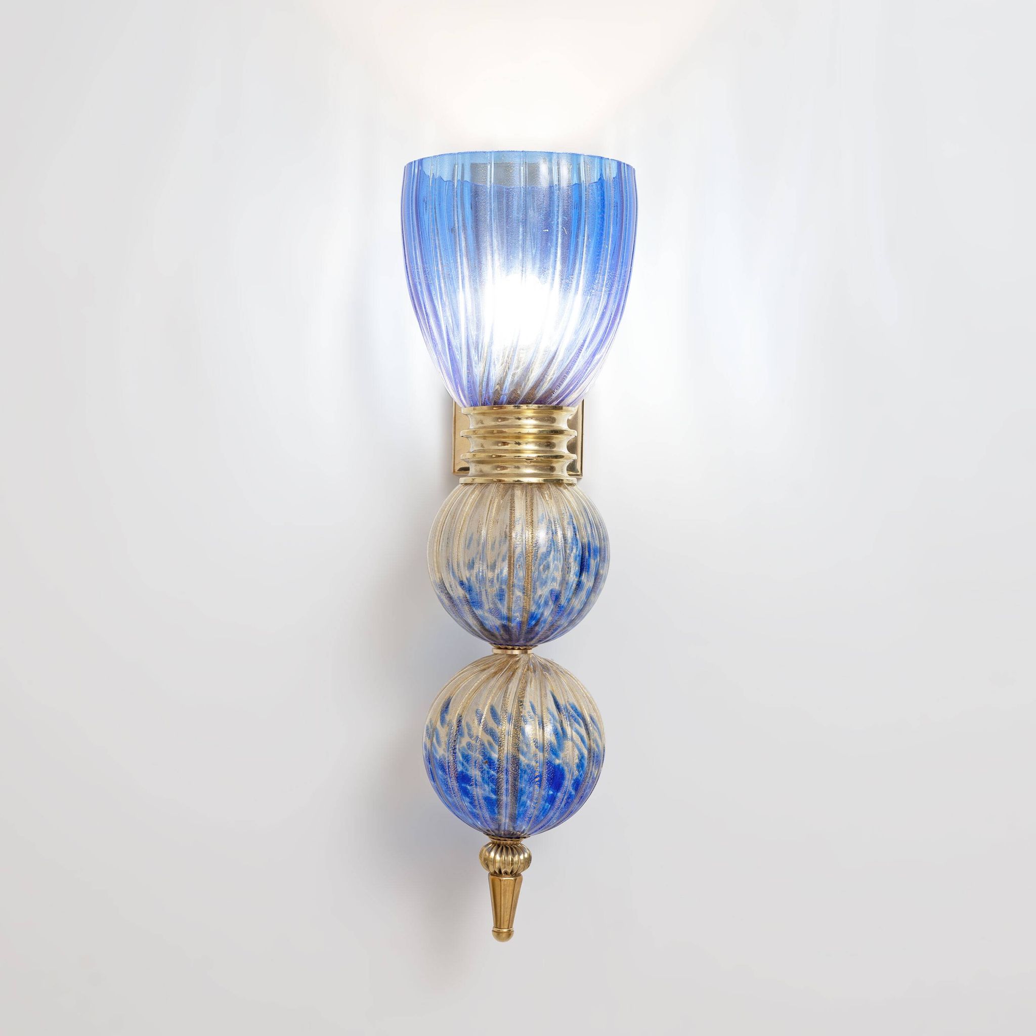 Pair of Murano Glass Blue Wall Sconces with Gold Dust Inclusions