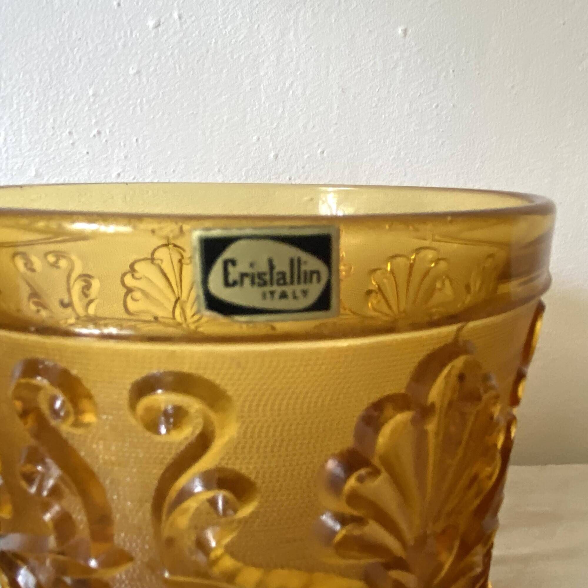 Glasses and ice bucket baroque style amber glass Italy 70s