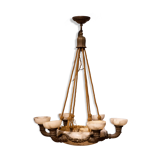 A large chandelier with six lights in alabaster and bronze, first half of the 20th century
