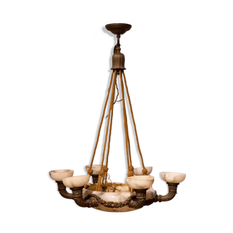 A large chandelier with six lights in alabaster and bronze, first half of the 20th century