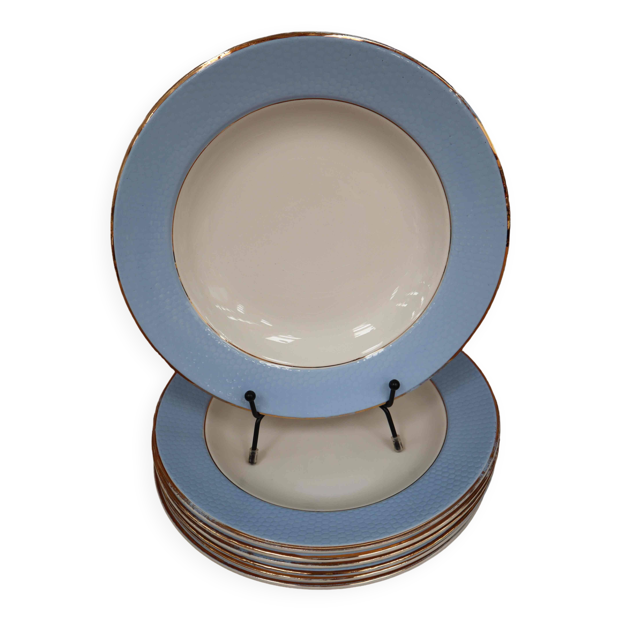 Set of 6 deep plates l'Amandinoise blue and gold outline 7885