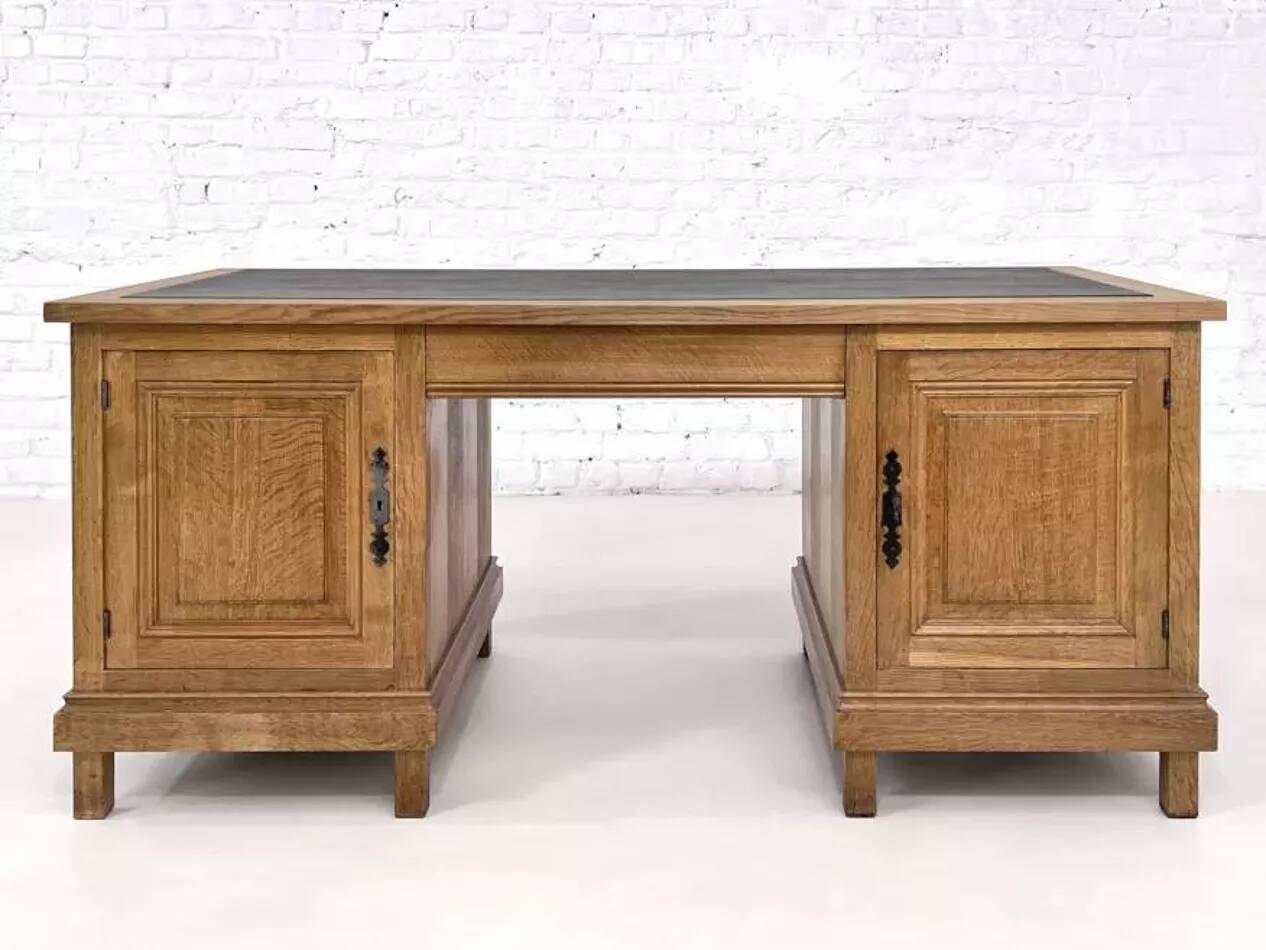 Bureau double face en chêne et cuir