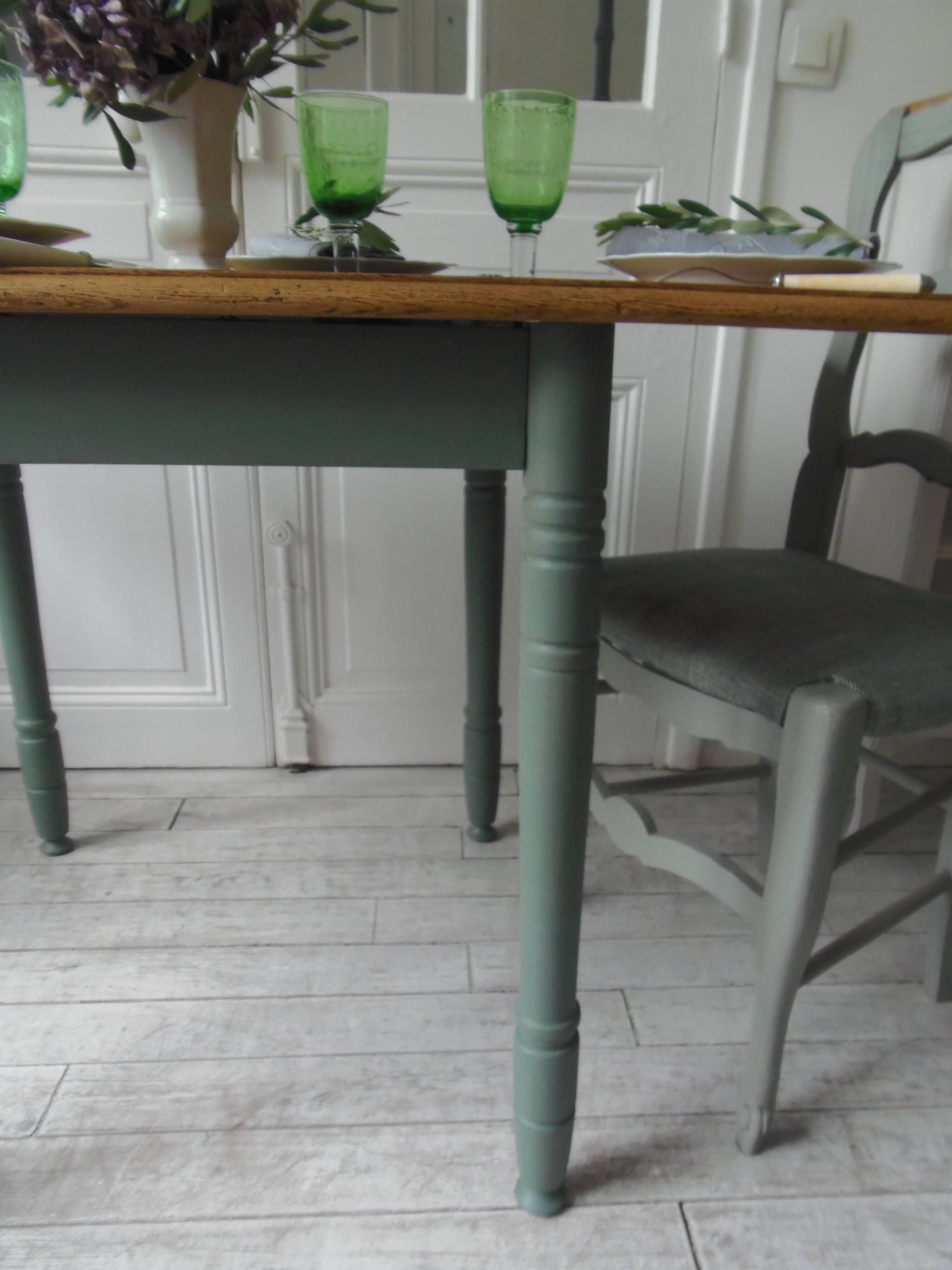 Table, vintage desk with smoked green base, oak top.