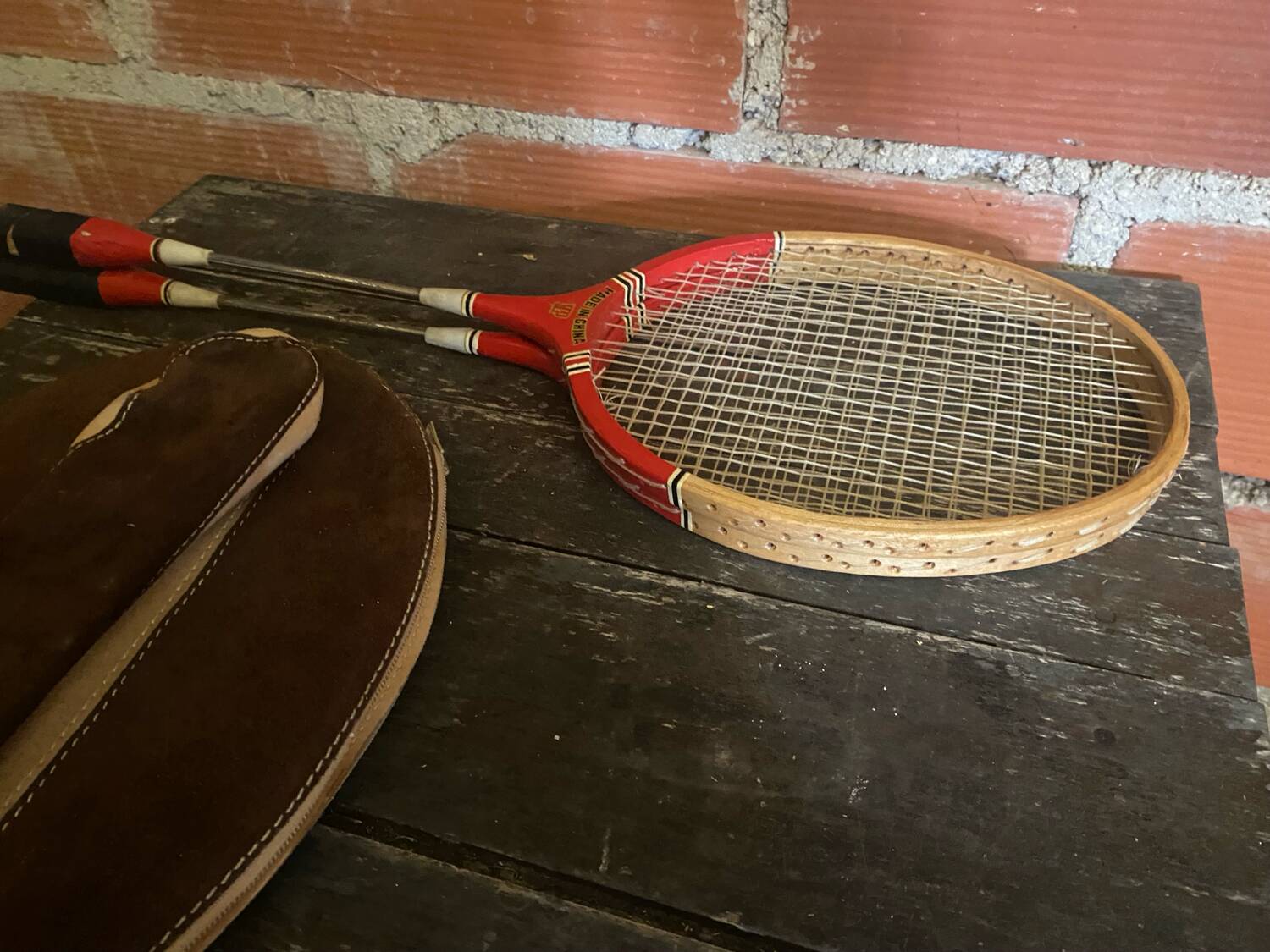 Diamond Badminton Racket Pair Wood + Metal + Leather Case TANNS Vintage