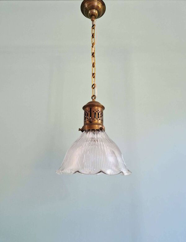 Grande suspension Holophane en verre rainuré transparent, 1920-30