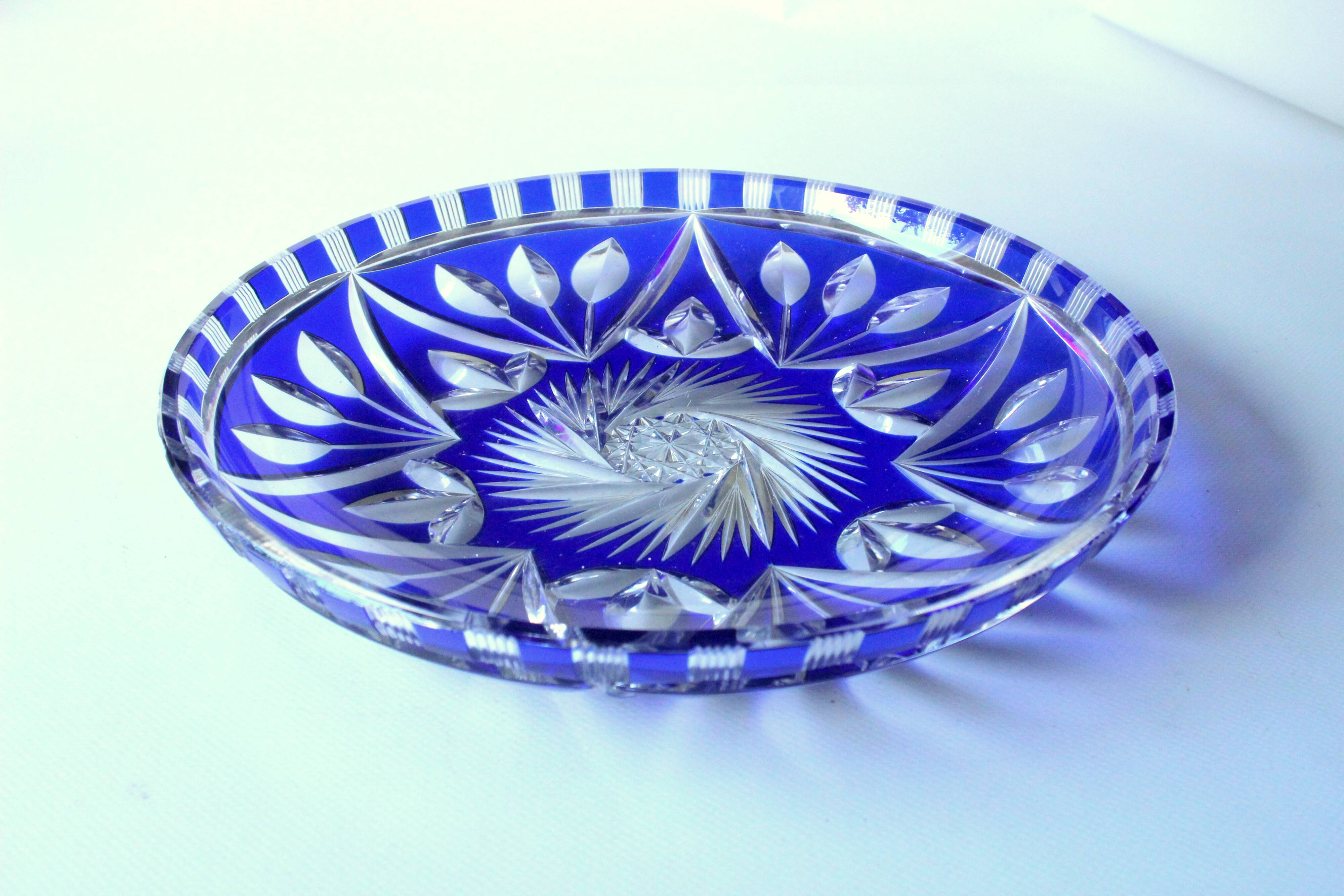 Bohemian crystal glass bowl - cobalt blue  hand cut to clear engraved glass