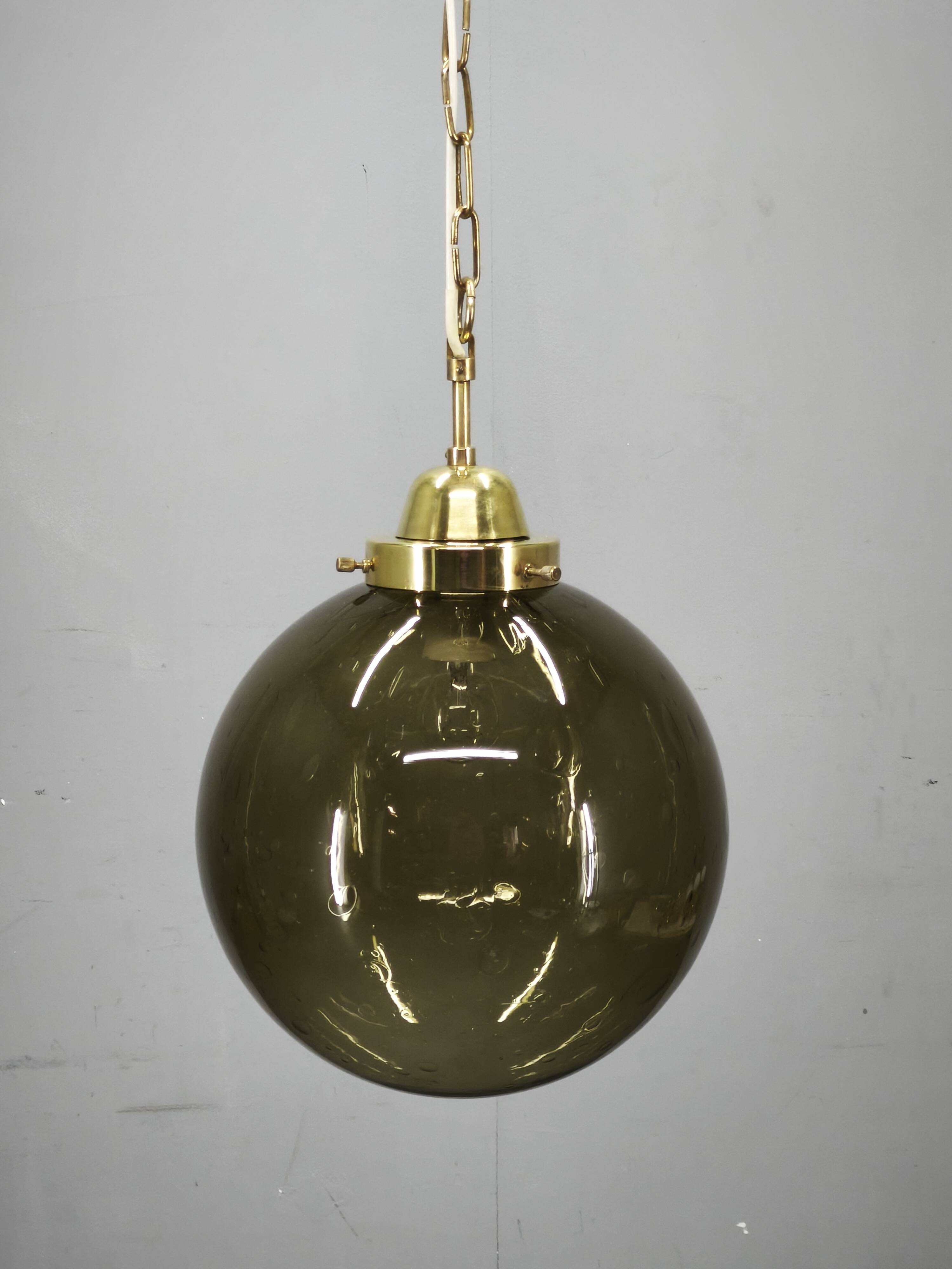 1970s Czech Smoked Glass Globe and Brass Pendant Light