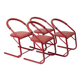 Lot de 4 chaises de salle à manger postmodernes en métal laqué rouge et similicuir, italie, années 1980