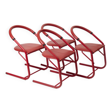 Set of 4 postmodern dining chairs in red lacquered metal and leatherette, italy, 1980s