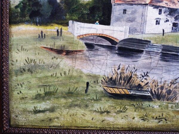 Peinture tableau à l'huile ancien, peinture buccolique vintage de campagne.