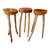 Set of 3 brutalist bar stools in raw wood