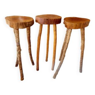 Set of 3 brutalist bar stools in raw wood