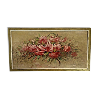 Huile sur panneau, paul fauvelles, bouquet roses, 1943, art deco