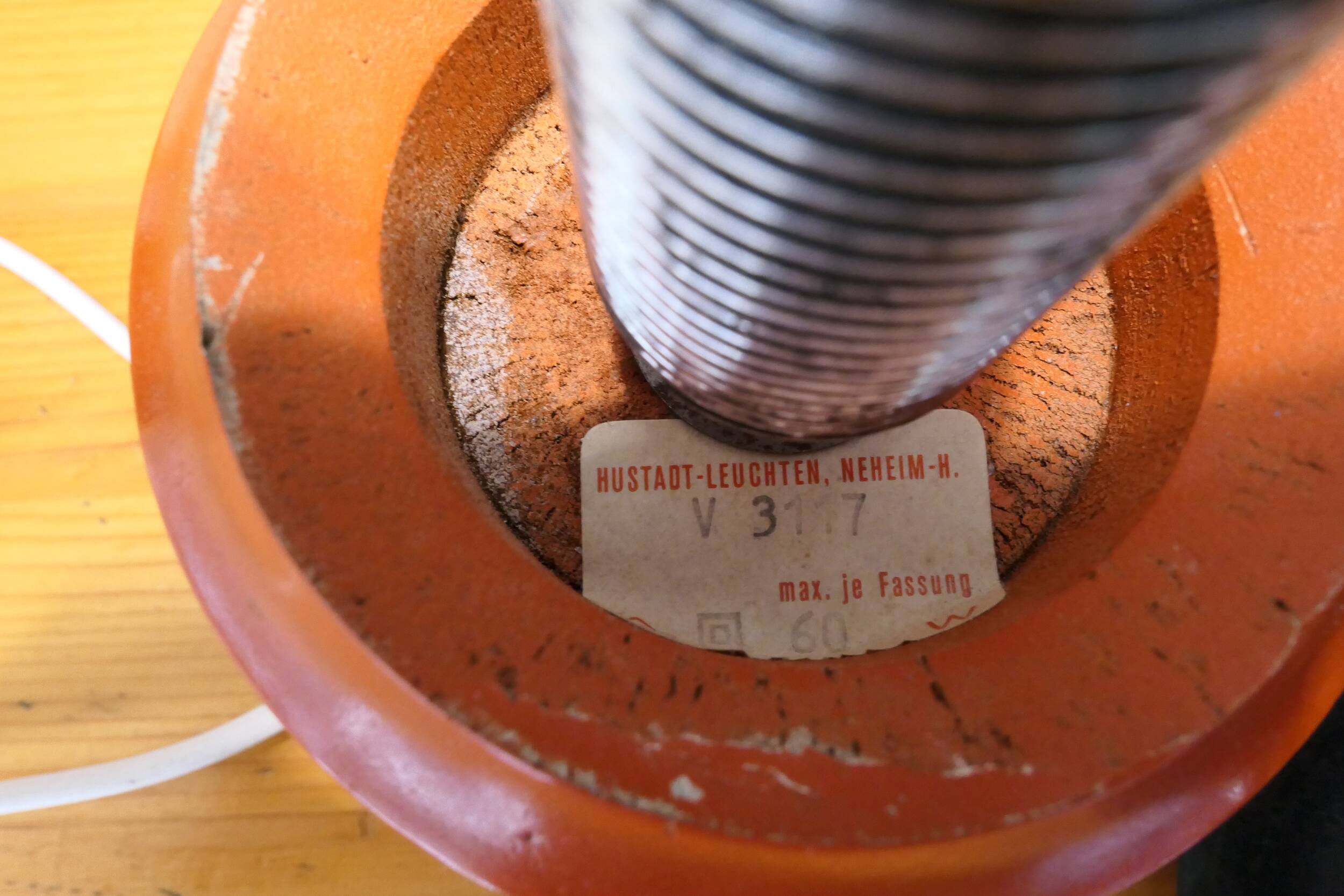 Table or bedside lamp orange wood and opaline vintage 70's hustadt