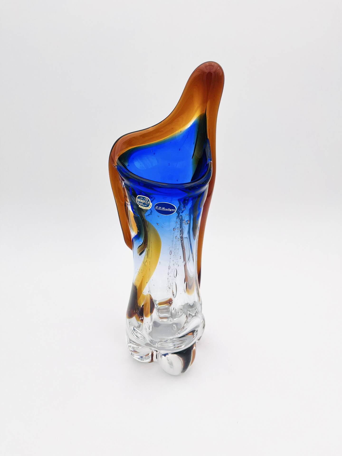Large stretched glass sculpture vase from Bohemia – Cobalt blue, Amber