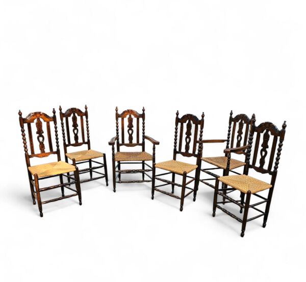 8 chaises de salle à manger en bois tourné et osier