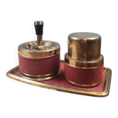 Vintage smoking set in red felt & gold metal – Tray, ashtray and pot