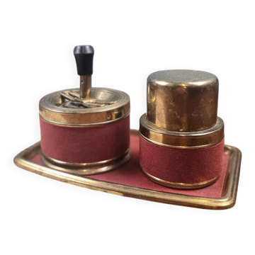 Ensemble fumeur vintage feutrine rouge & métal doré – Plateau, cendrier et pot
