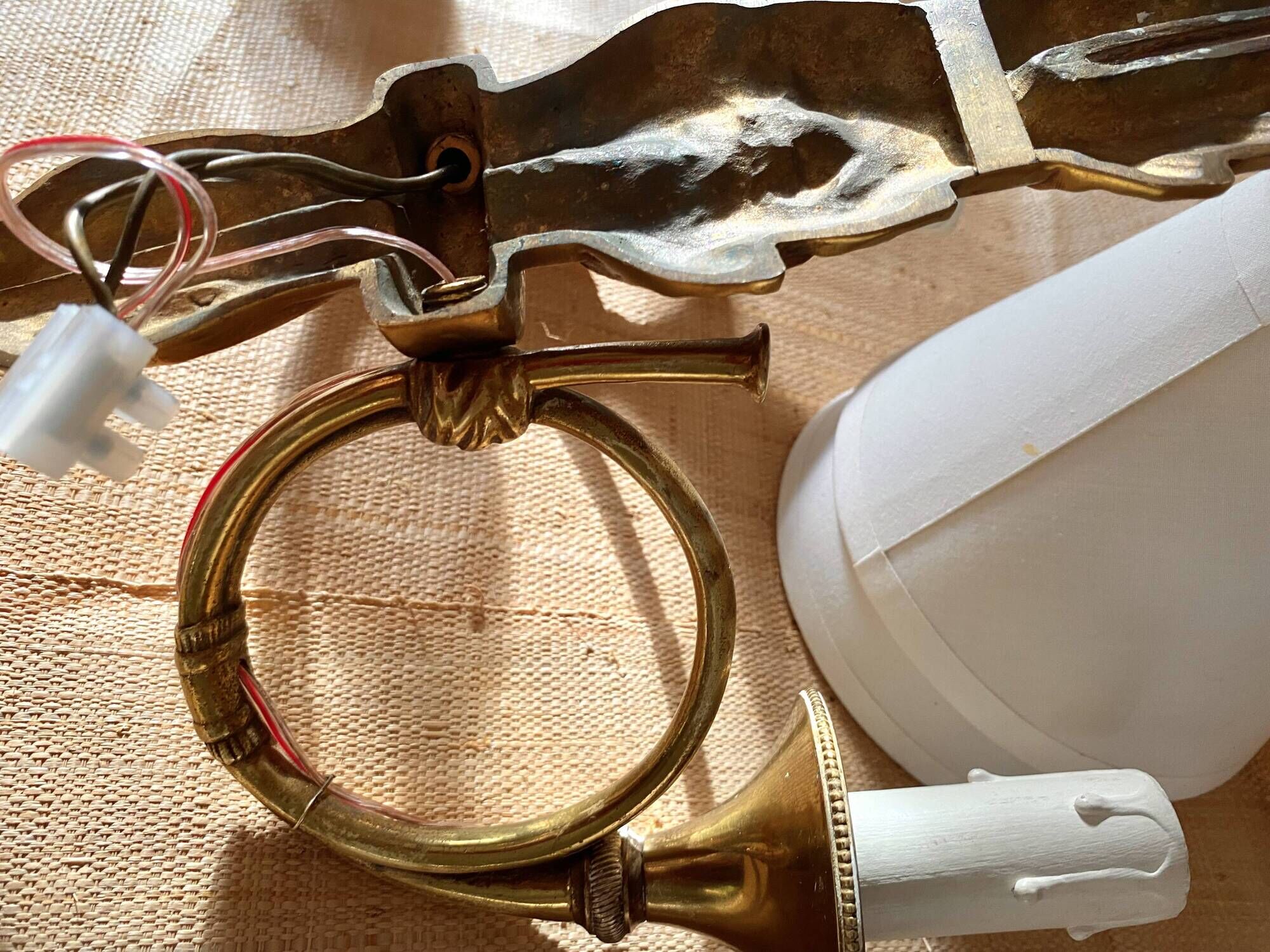 "50s hunting horn wall light, clip-on lampshades"