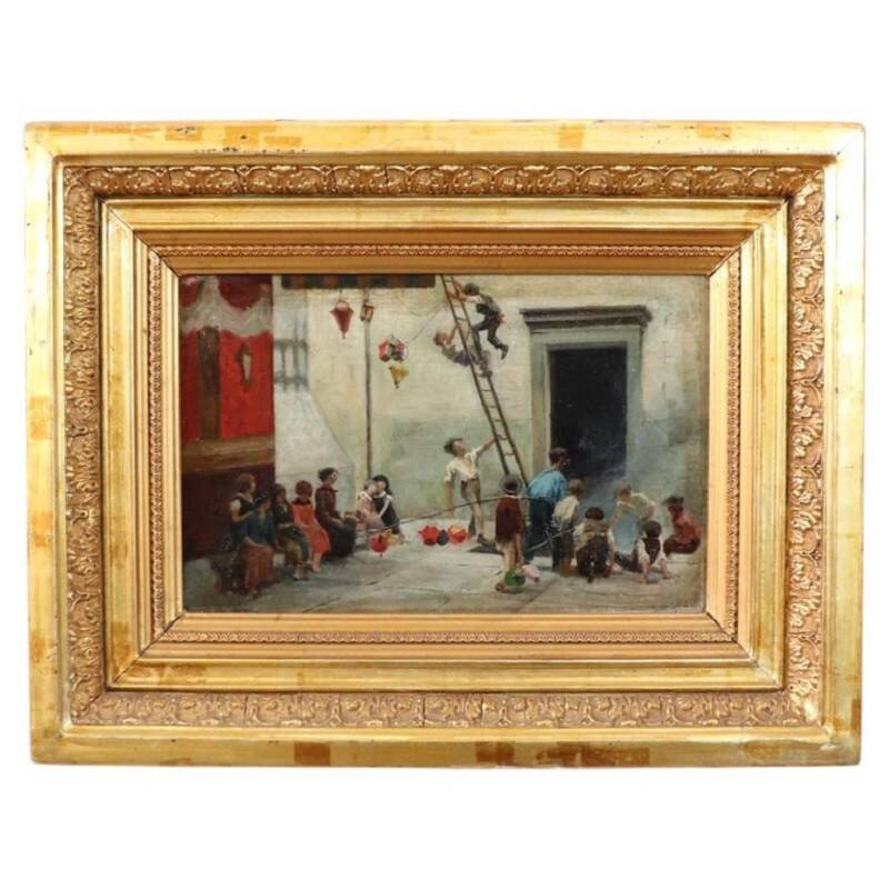 Oil Painting On Canvas, Children At Play, Italy, 19th Century