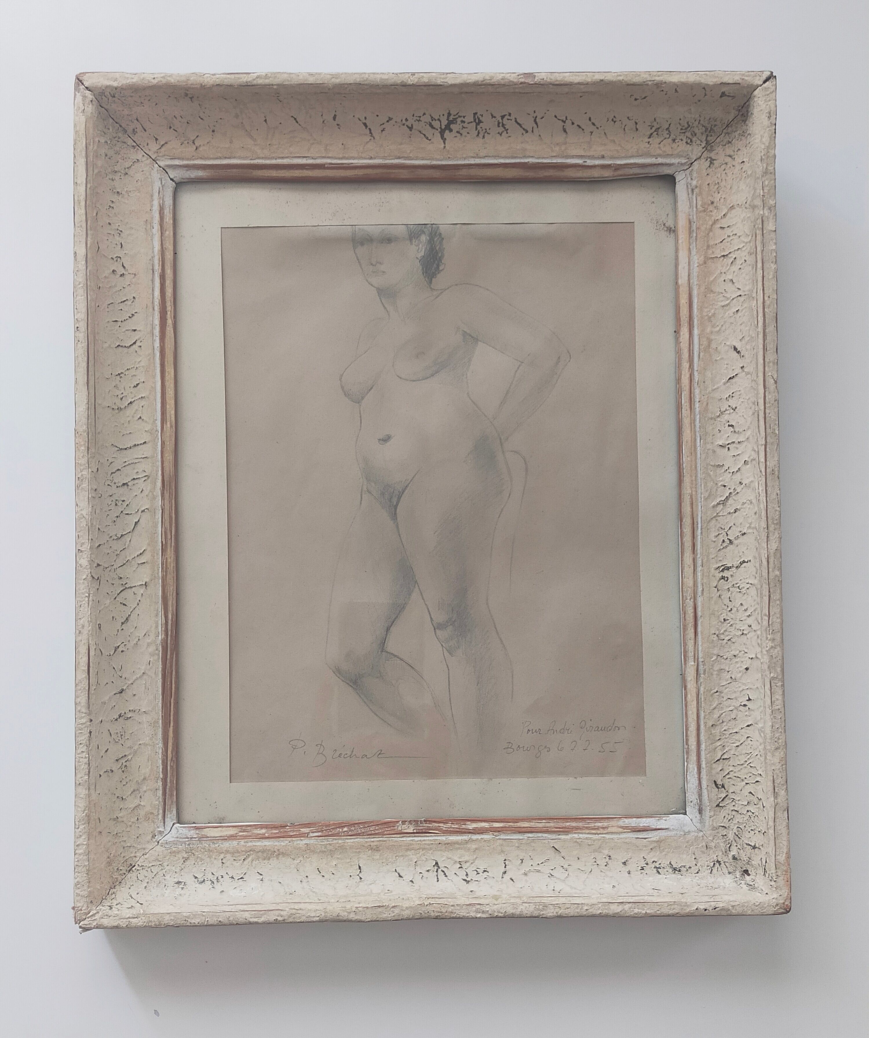 Drawing Female Nude signed P. Bréchat 1955
